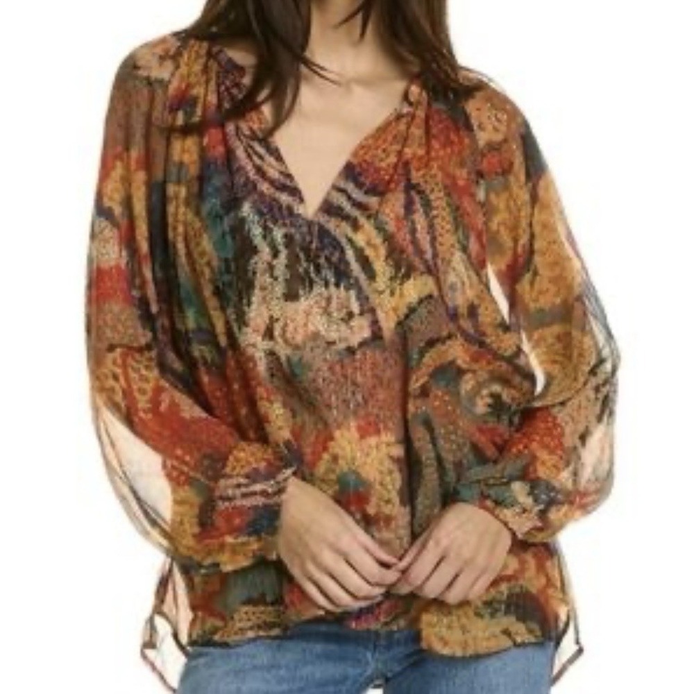A.L.C. Dana Silk Metallic Blouse Size 14 Boho‎ Abstract Print Peasant Top Sheer